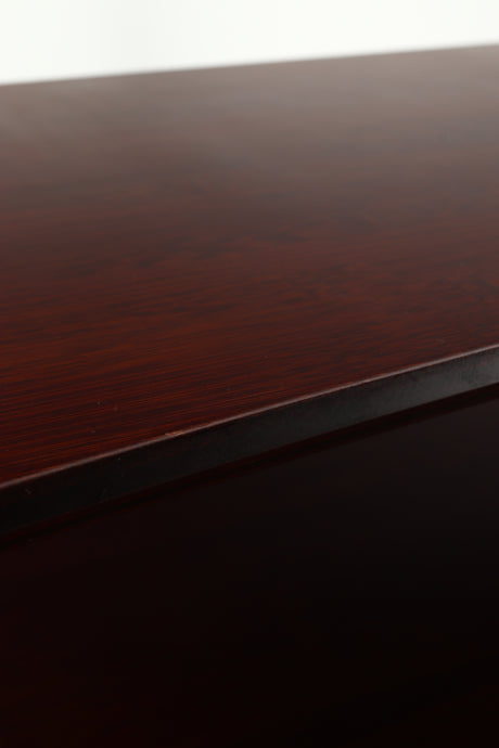 Close up of a used Quadraspire Q4 EVO Hifi Support in a dark cherry finish showing light graze on front edge of top shelf