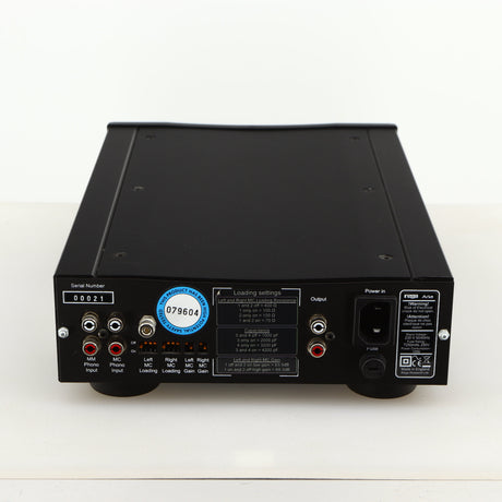 Rear view of a used Rega Aria MK2 Phonostage in a black finish showing Phono Inputs, Phono Outputs and Mains Input