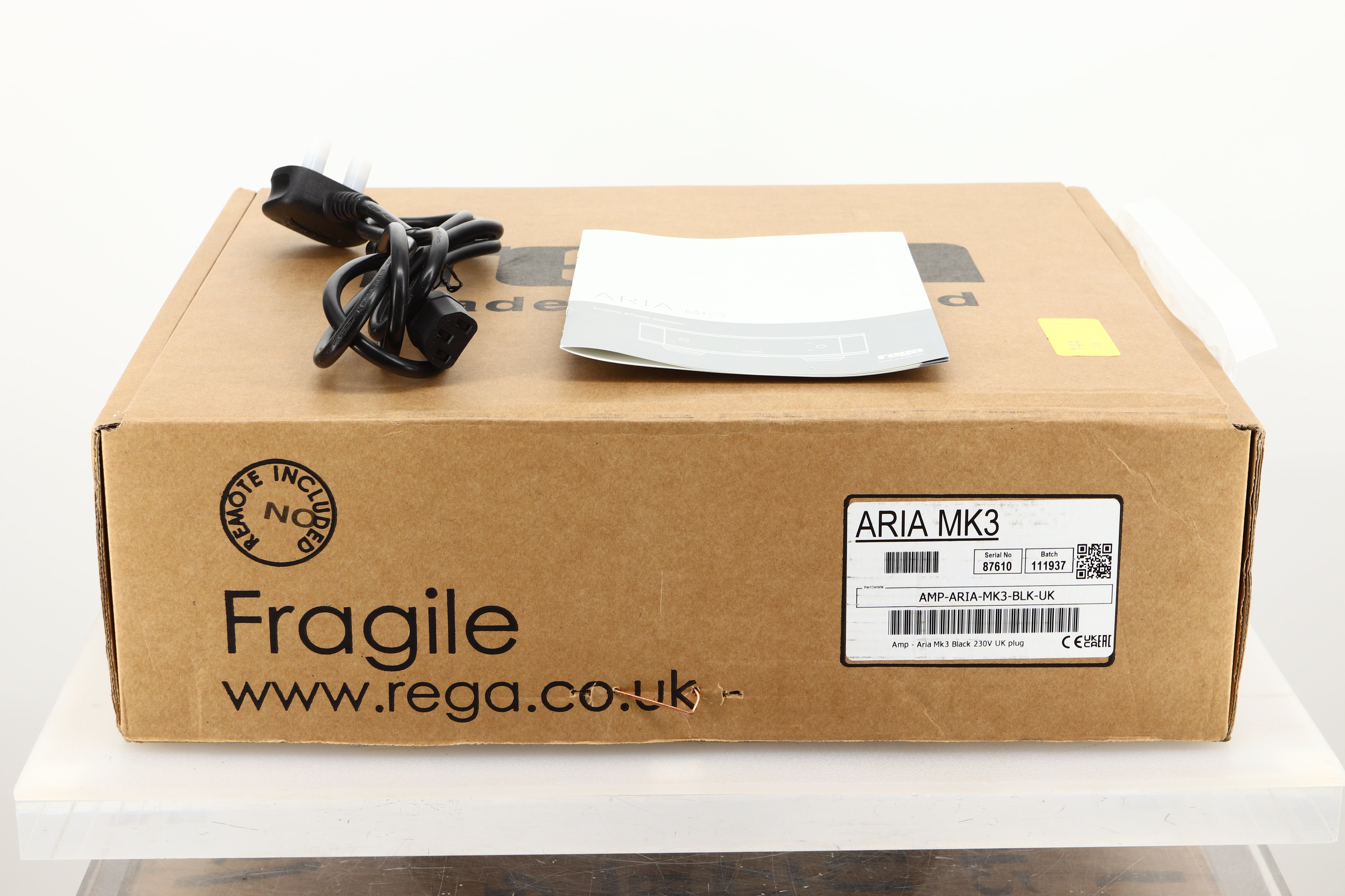 Box for a used Rega Aria MK3 Phonostage showing Mains Cable and Manual