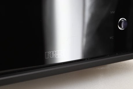 Close up of a used Rega Aria MK3 Phonostage in a black finish showing small scratch on screen