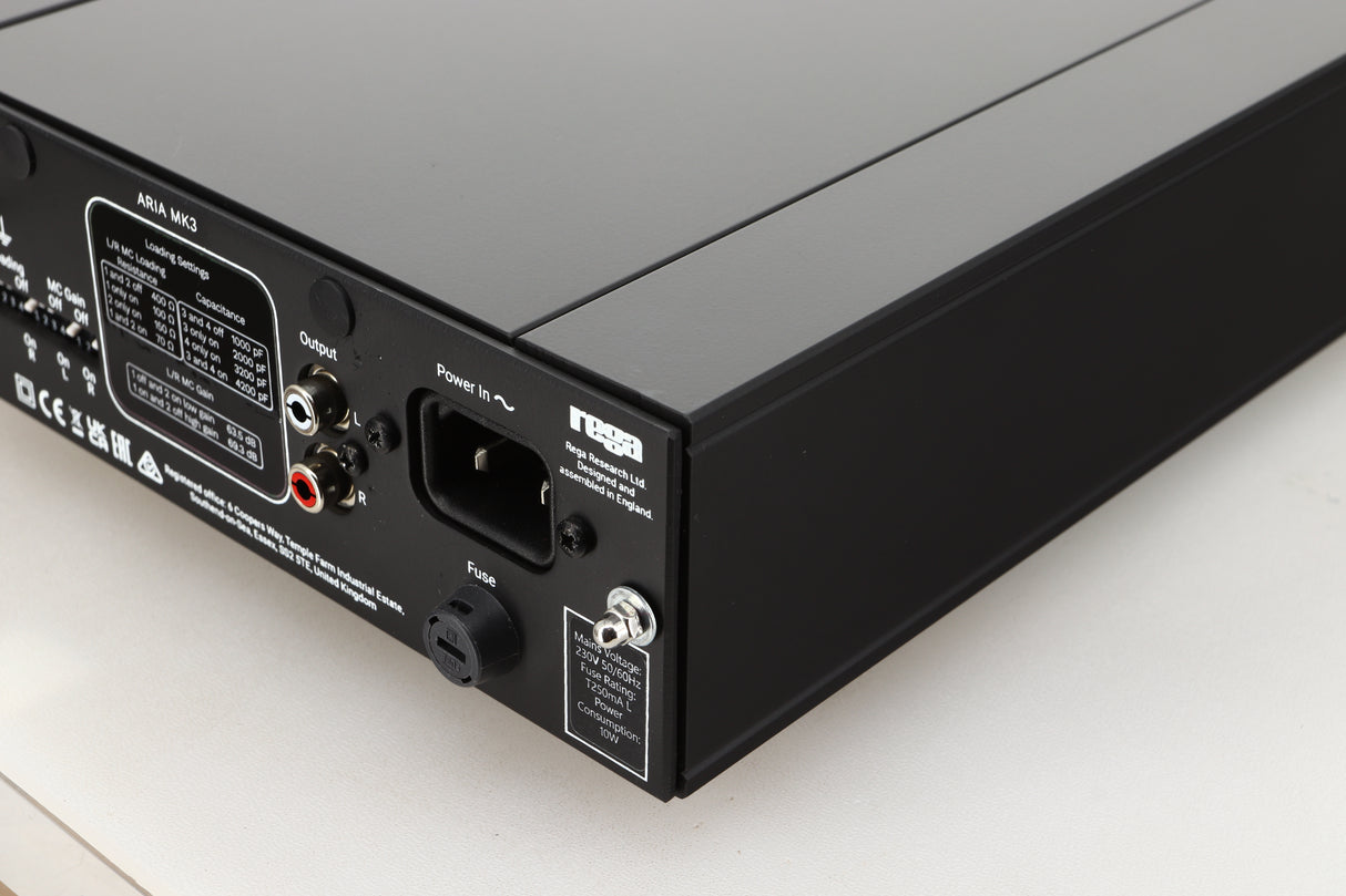 Rear left corner of a used Rega Aria MK3 Phonostage in a black finish