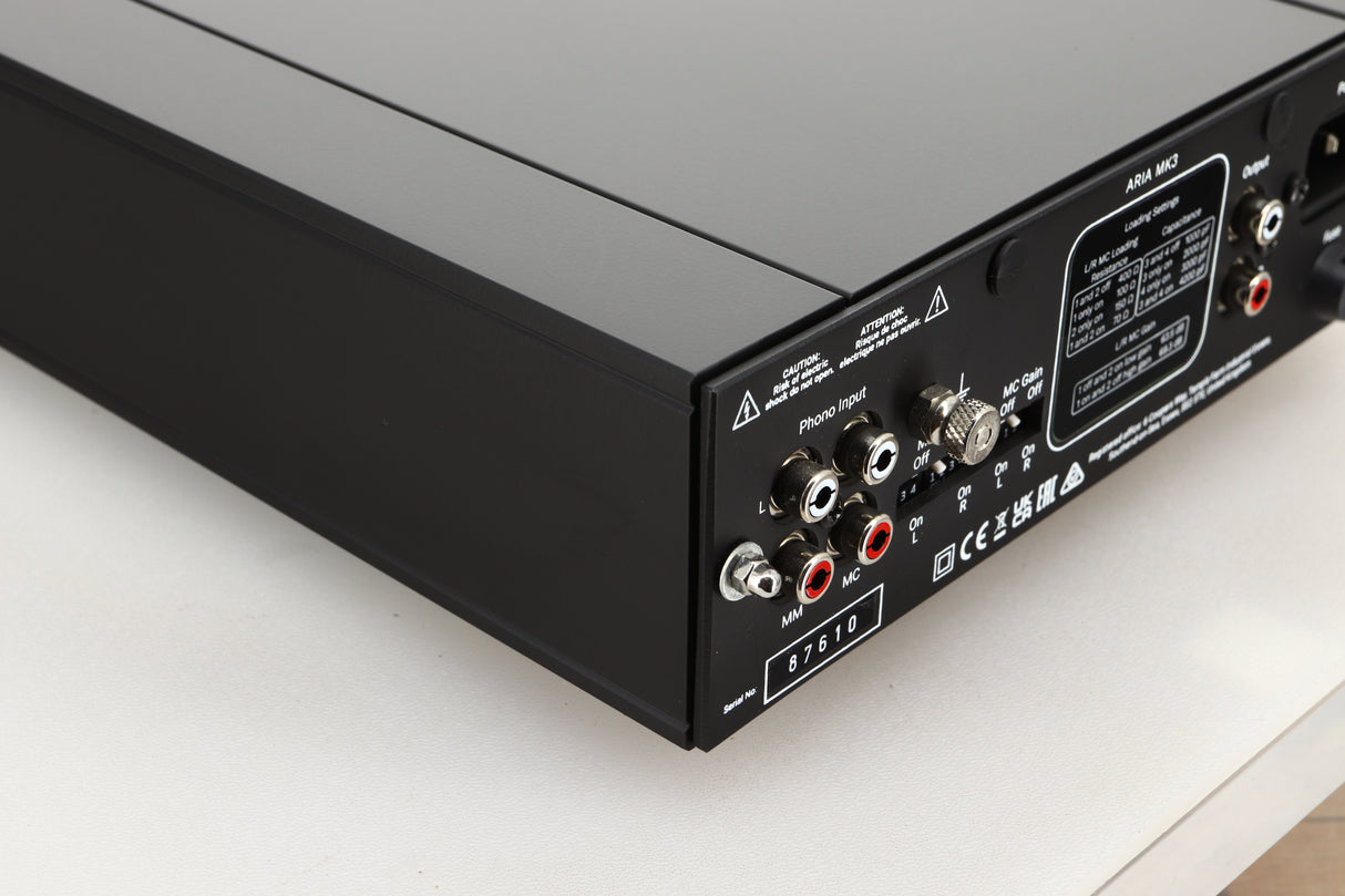 Rear right corner of a used Rega Aria MK3 Phonostage in a black finish