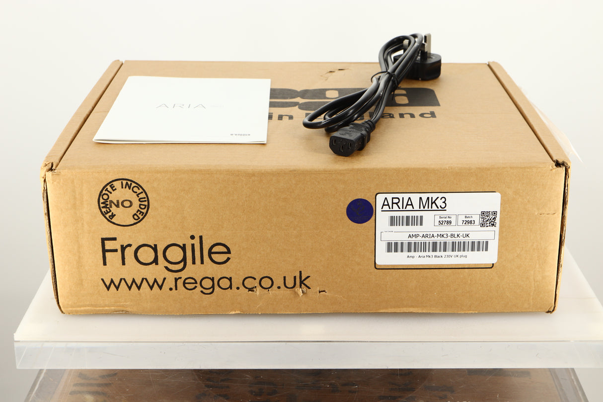 Box of a used Rega Aria Mk3 Phonostage with mains cable, and manual