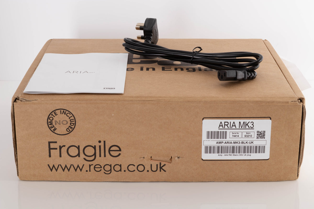 Box of a used Rega Aria MK3 Phonostage with mains cable, and manual