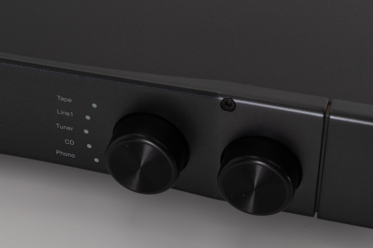 Close up of a used Rega Brio Integrated Amplifier in a Black finish showing fascia
