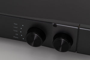 Close up of a used Rega Brio Integrated Amplifier in a Black finish showing fascia