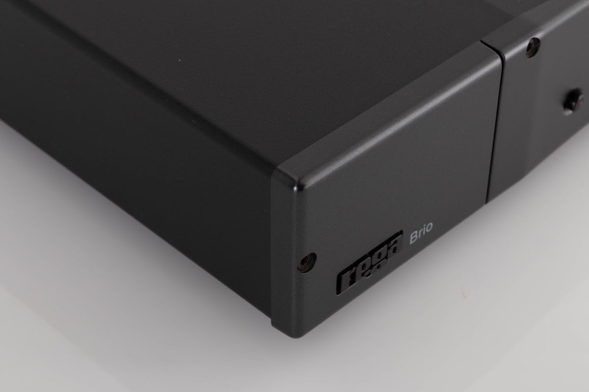 Front left corner of a used Rega Brio Integrated Amplifier in a Black finish