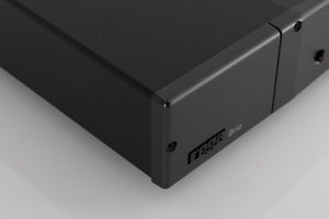 Front left corner of a used Rega Brio Integrated Amplifier in a Black finish