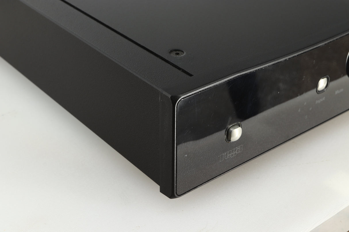 Front left corner of a used Rega Brio-R Integrated Amplifier in a black finish