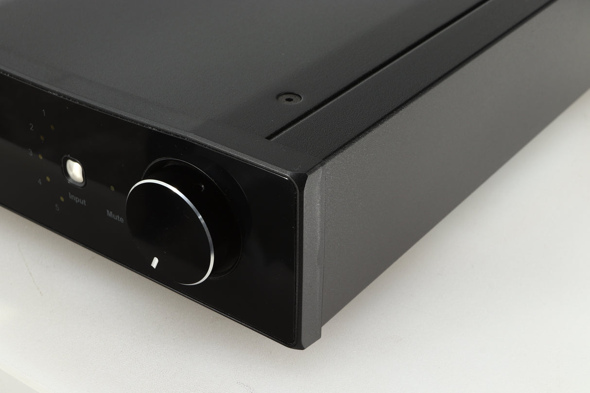 Front right corner of a used Rega Brio-R Integrated Amplifier in a black finish