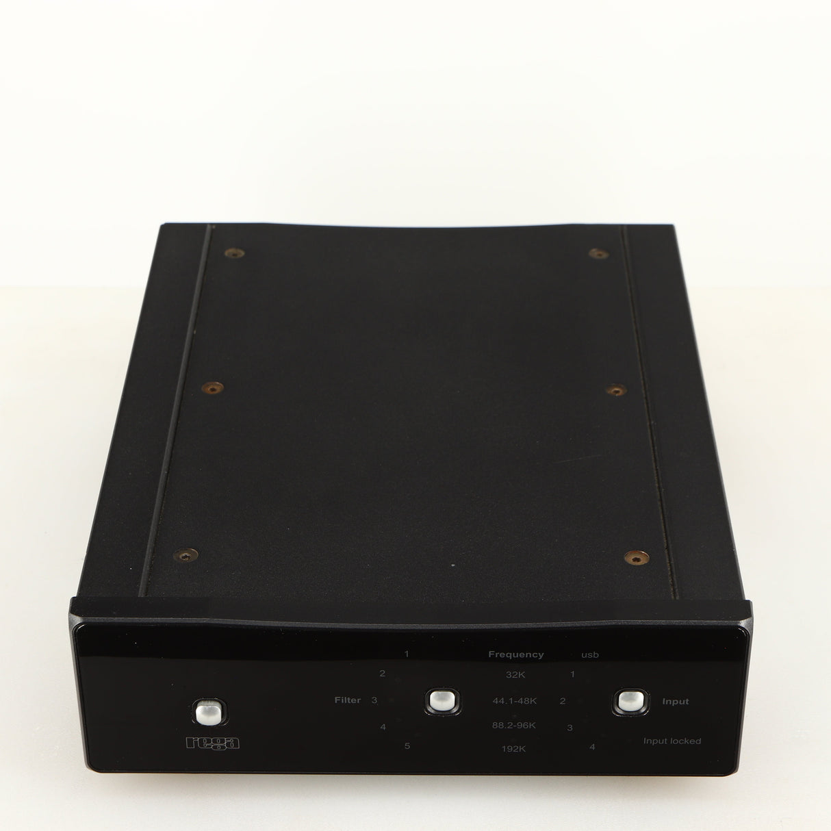 Top of a used Rega DAC Digital Analogue Converter in a black finish