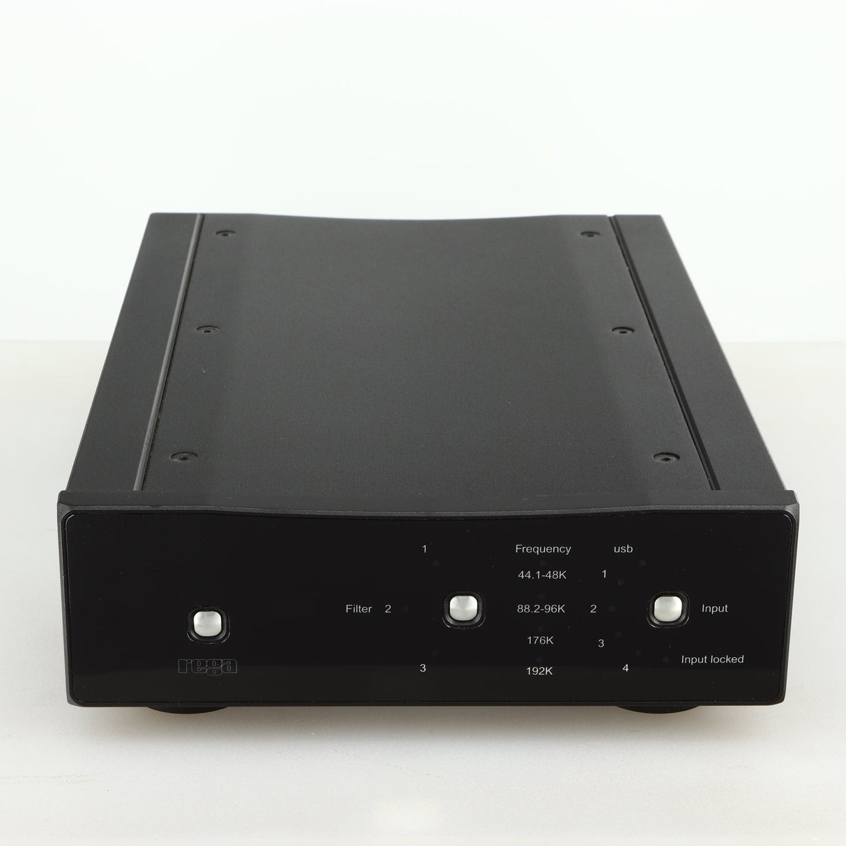 Front view of a used Rega DAC-R Digital Analogue Converter in a black finish