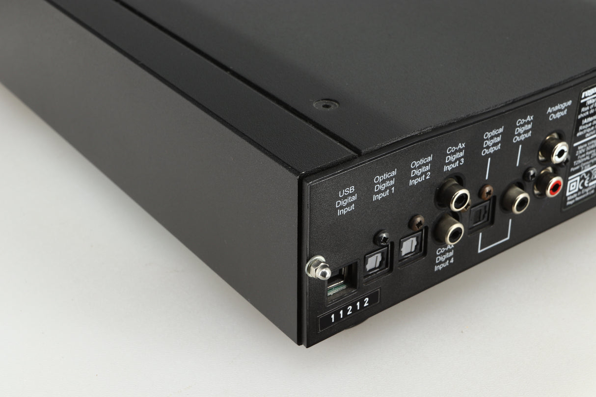Rear right corner of a used Rega DAC-R Digital Analogue Converter in a black finish