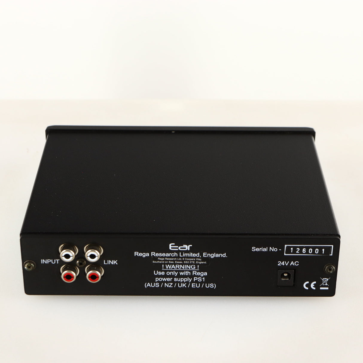 Rear view of a used Rega EAR Headphone Amplifier in a black finish showing Phono Inputs and Power Input