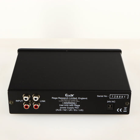 Rear view of a used Rega EAR Headphone Amplifier in a black finish showing Phono Inputs and Power Input