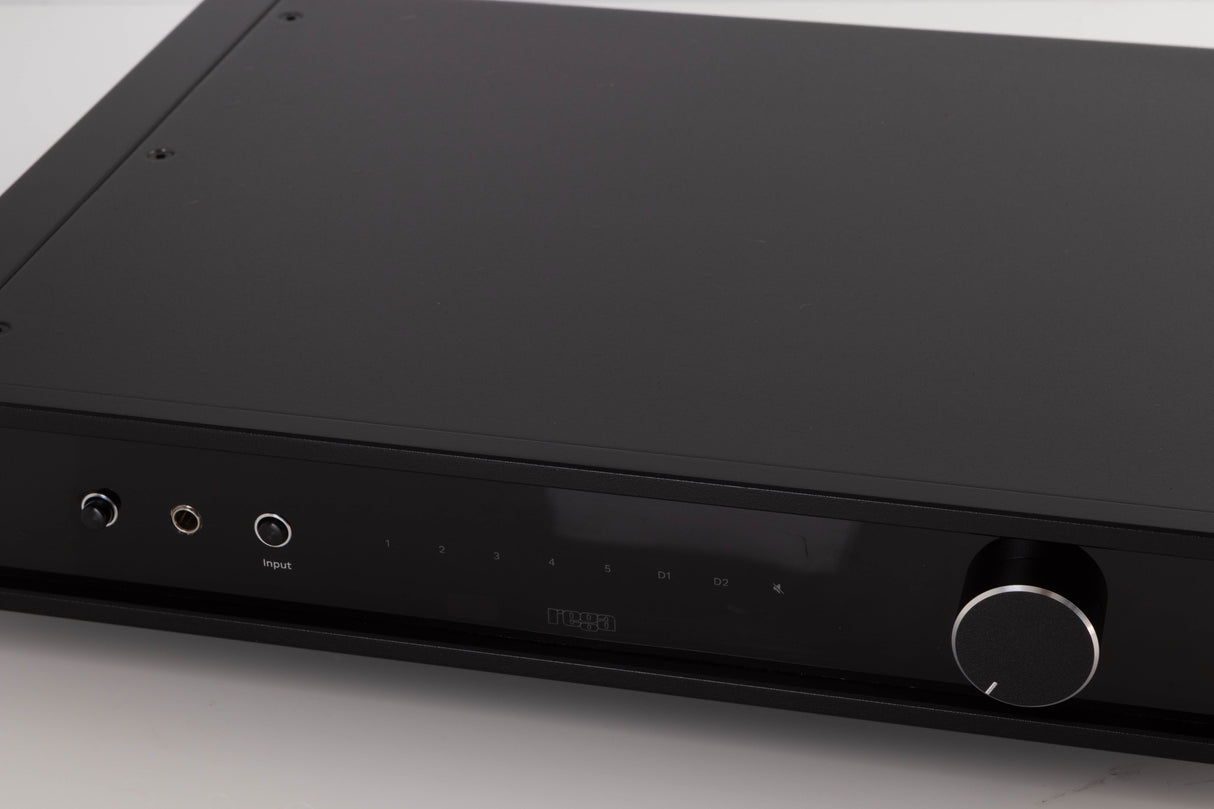 Close up of a used Rega Elex MK4 Integrated Amplifier in a Black finish showing scratches on screen