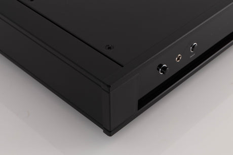 Front left corner of a used Rega Elex MK4 Integrated Amplifier in a Black finish