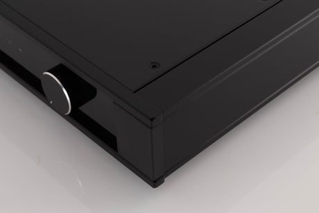 Front right corner of a used Rega Elex MK4 Integrated Amplifier in a Black finish