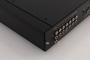 Rear right corner of a used Rega Elex MK4 Integrated Amplifier in a Black finish