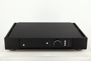 Front view of a used Rega Elicit-R Integrated Amplifier in a black finish