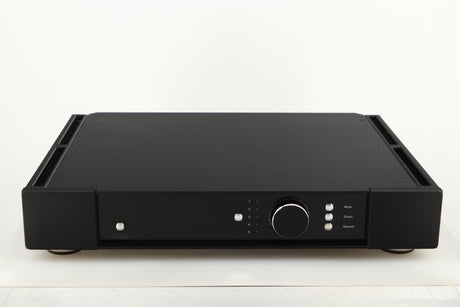 Front view of a used Rega Elicit-R Integrated Amplifier in a black finish