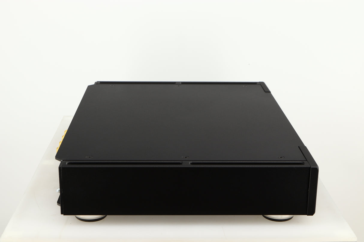 Left side view of a used Rega Elicit-R Integrated Amplifier in a black finish