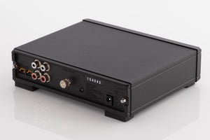 Rear left corner of a used Rega FONO MC MK4 Phonostage in a Black finish