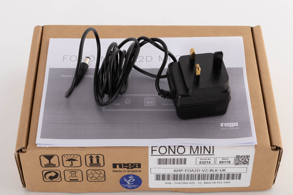 Box for a used Rega FONO MINI A2D Phonostage in a Black finish showing Manual and PSU