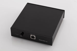 Close up of a used Rega FONO MINI A2D Phonostage in a Black finish showing some scratching on screen