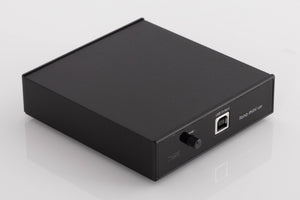 Front left corner of a used Rega FONO MINI A2D Phonostage in a Black finish
