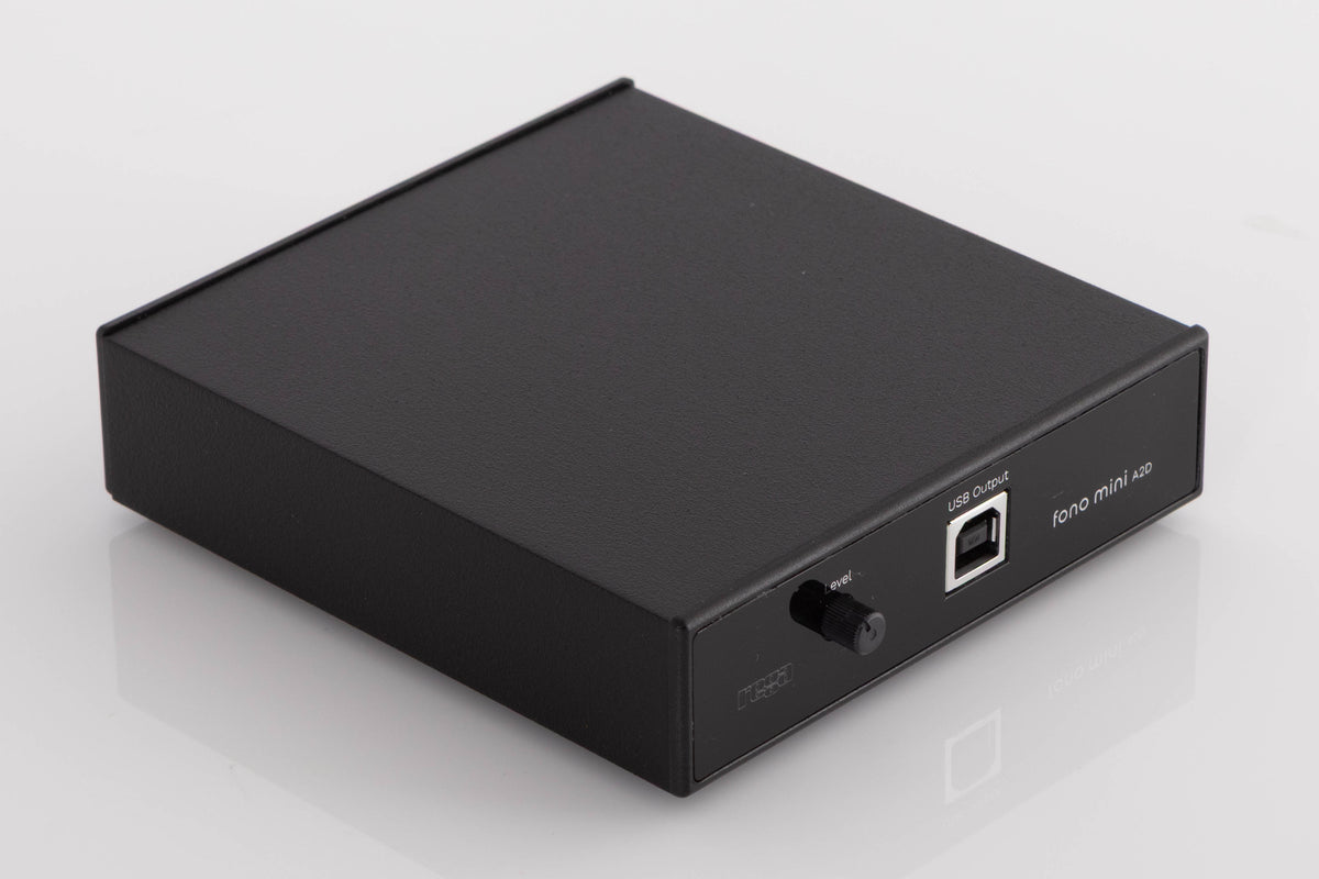 Front left corner of a used Rega FONO MINI A2D Phonostage in a Black finish