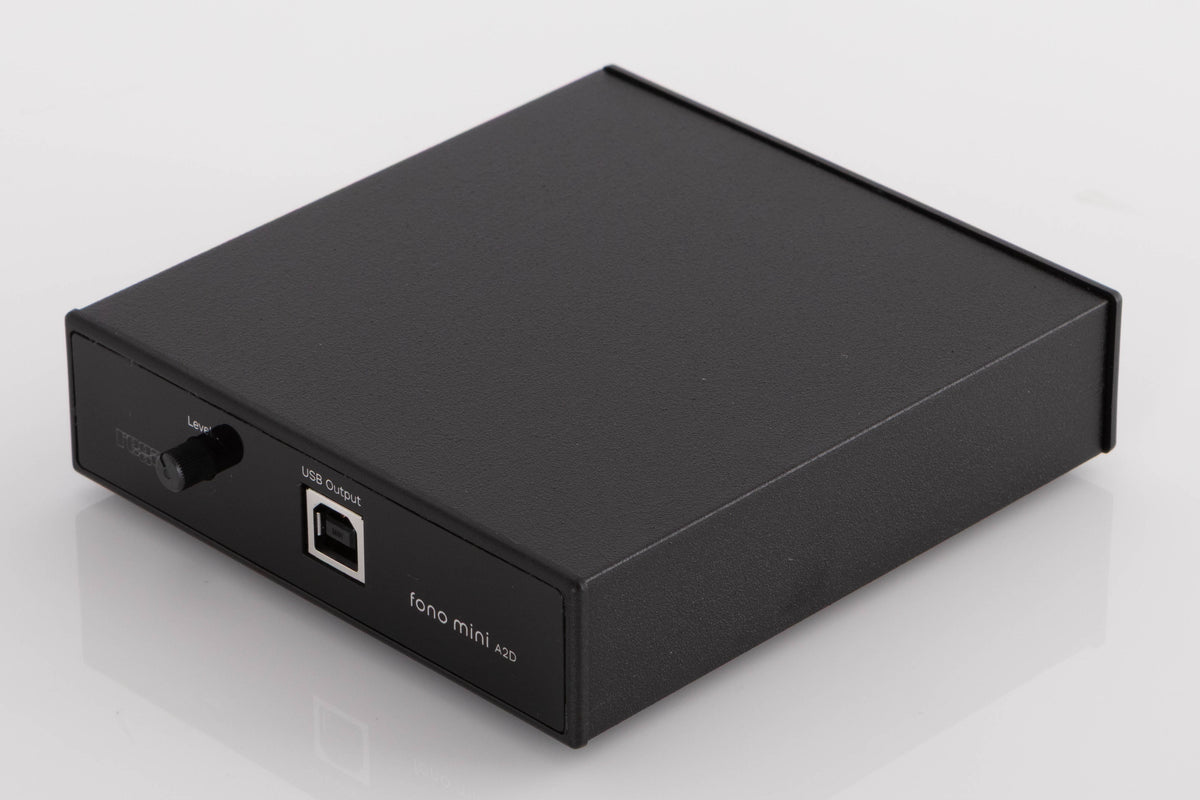 Front right corner of a used Rega FONO MINI A2D Phonostage in a Black finish