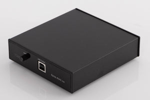 Front right corner of a used Rega FONO MINI A2D Phonostage in a Black finish