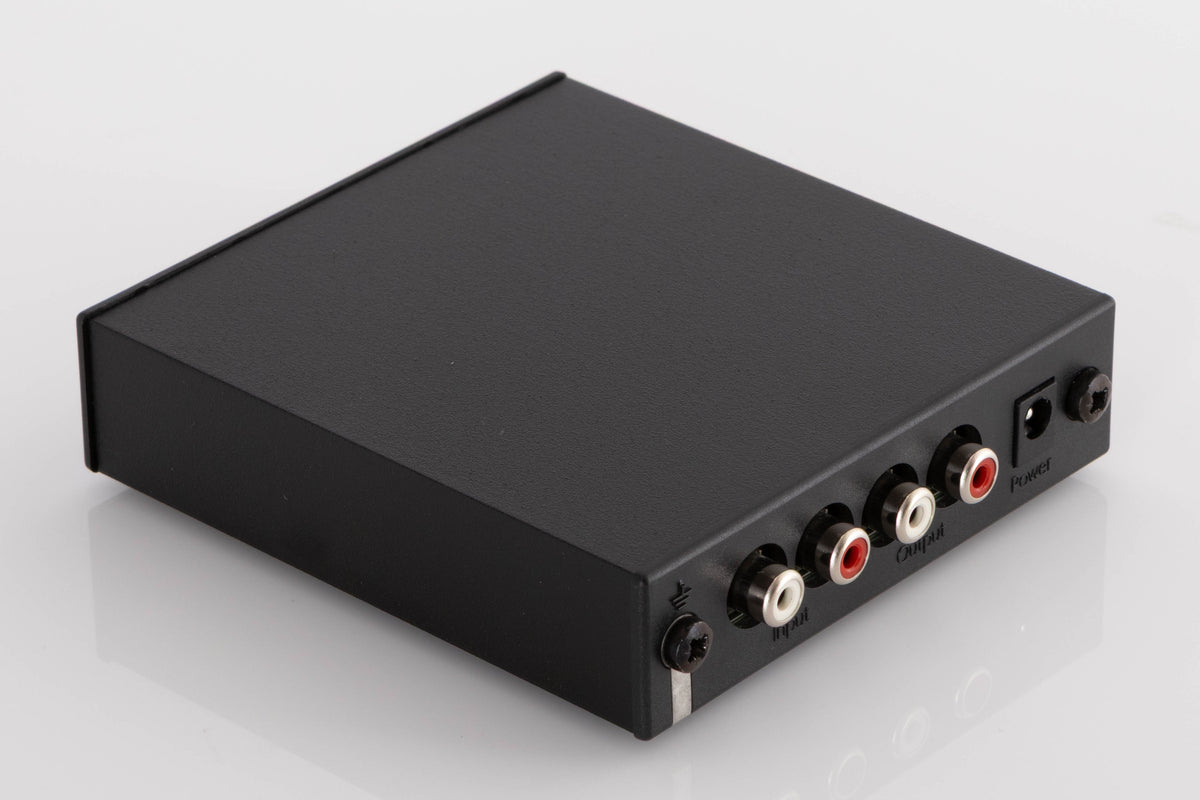 Rear right corner of a used Rega FONO MINI A2D Phonostage in a Black finish