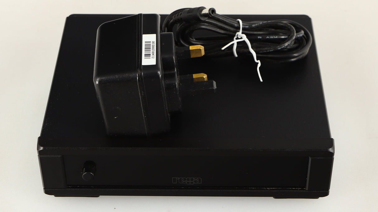 Top of a used Rega FONO MM MK5 Phonostage in a black finish showing PSU