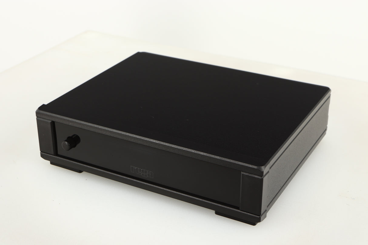 Close up of a used Rega FONO MM MK5 Phonostage in a black finish showing some scratching on screen 