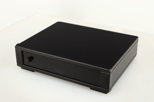 Close up of a used Rega FONO MM MK5 Phonostage in a black finish showing some scratching on screen 