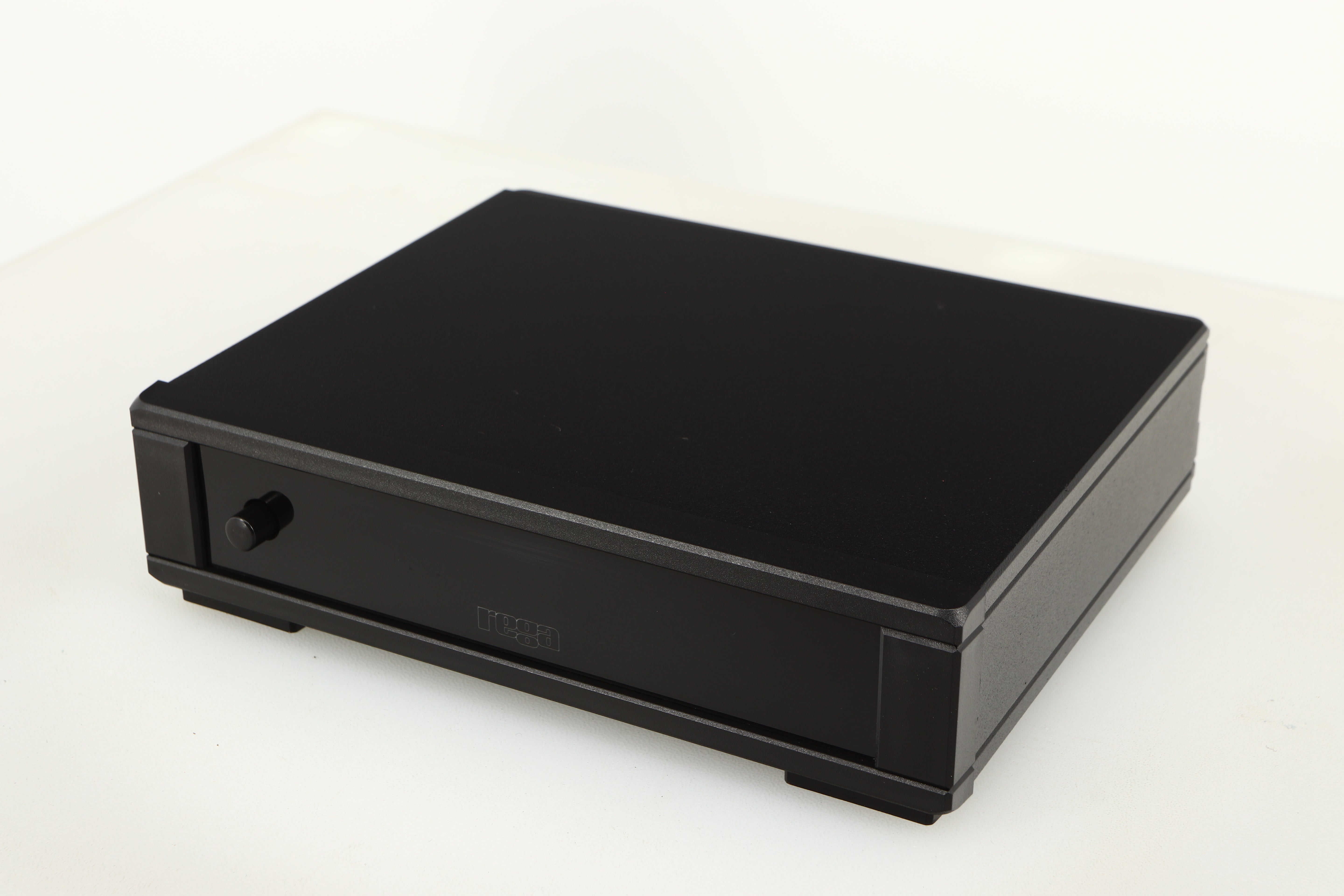 Close up of a used Rega FONO MM MK5 Phonostage in a black finish showing some scratching on screen 