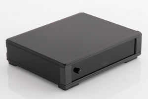 Front left corner of a used Rega FONO MM MK5 Phonostage in a Black finish