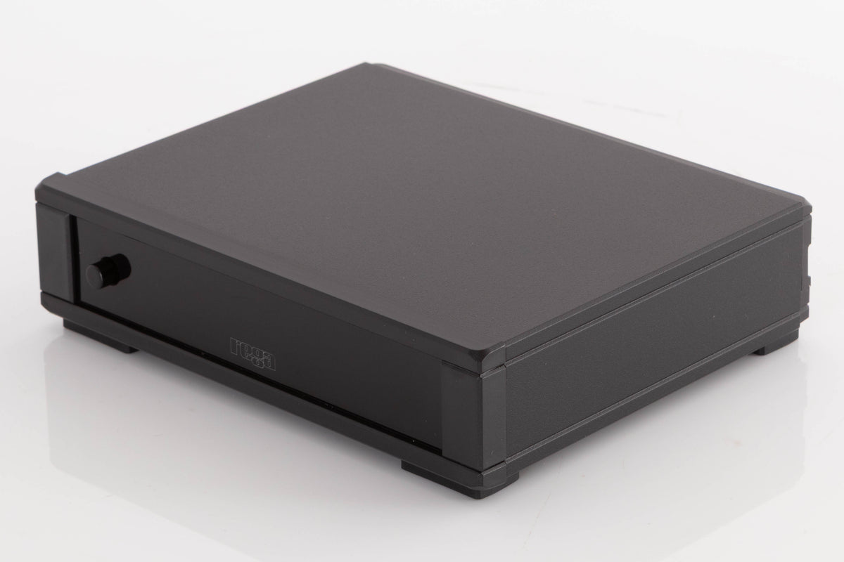 Front right corner of a used Rega FONO MM MK5 Phonostage in a Black finish
