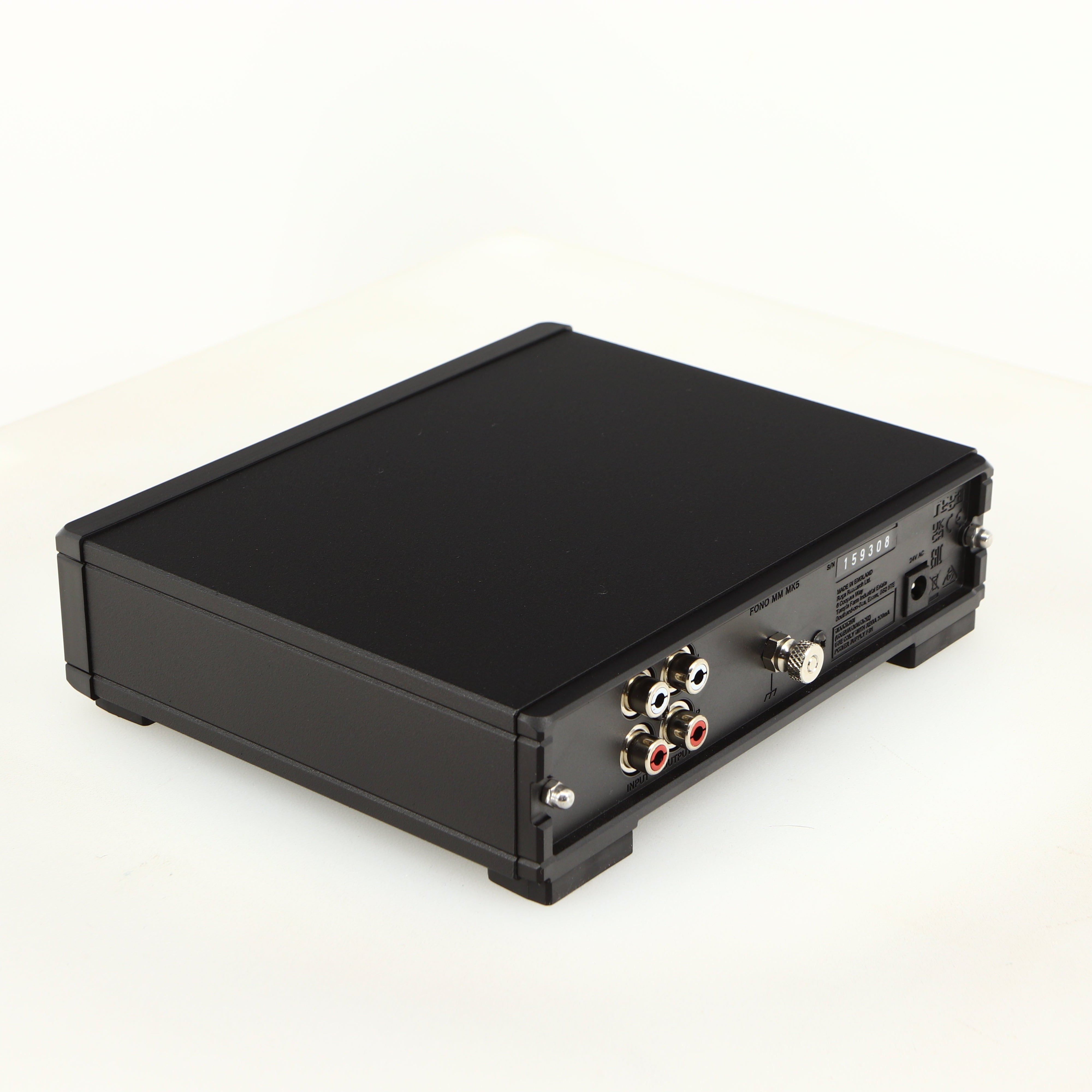 Rear right corner of a used Rega FONO MM MK5 Phonostage in a black finish