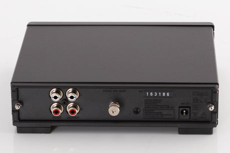 Rear view of a used Rega FONO MM MK5 Phonostage in a Black finish showing Phono Inputs, Phono Outputs and Power Input