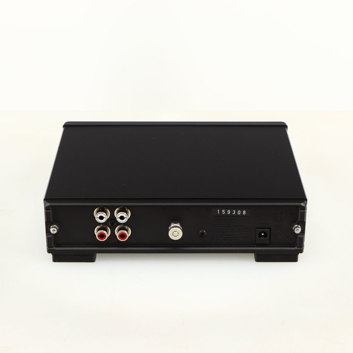 Rear view of a used Rega FONO MM MK5 Phonostage in a black finish showing Power Input, Phono Inputs and Phono Outputs 