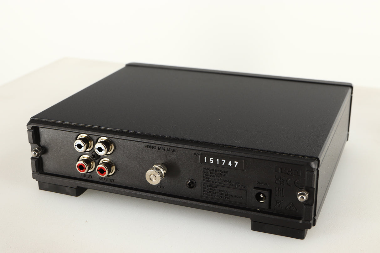 Close up of a used Rega FONO MM MK5 Phonostage in a black finish showing rear
