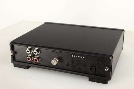 Close up of a used Rega FONO MM MK5 Phonostage in a black finish showing rear