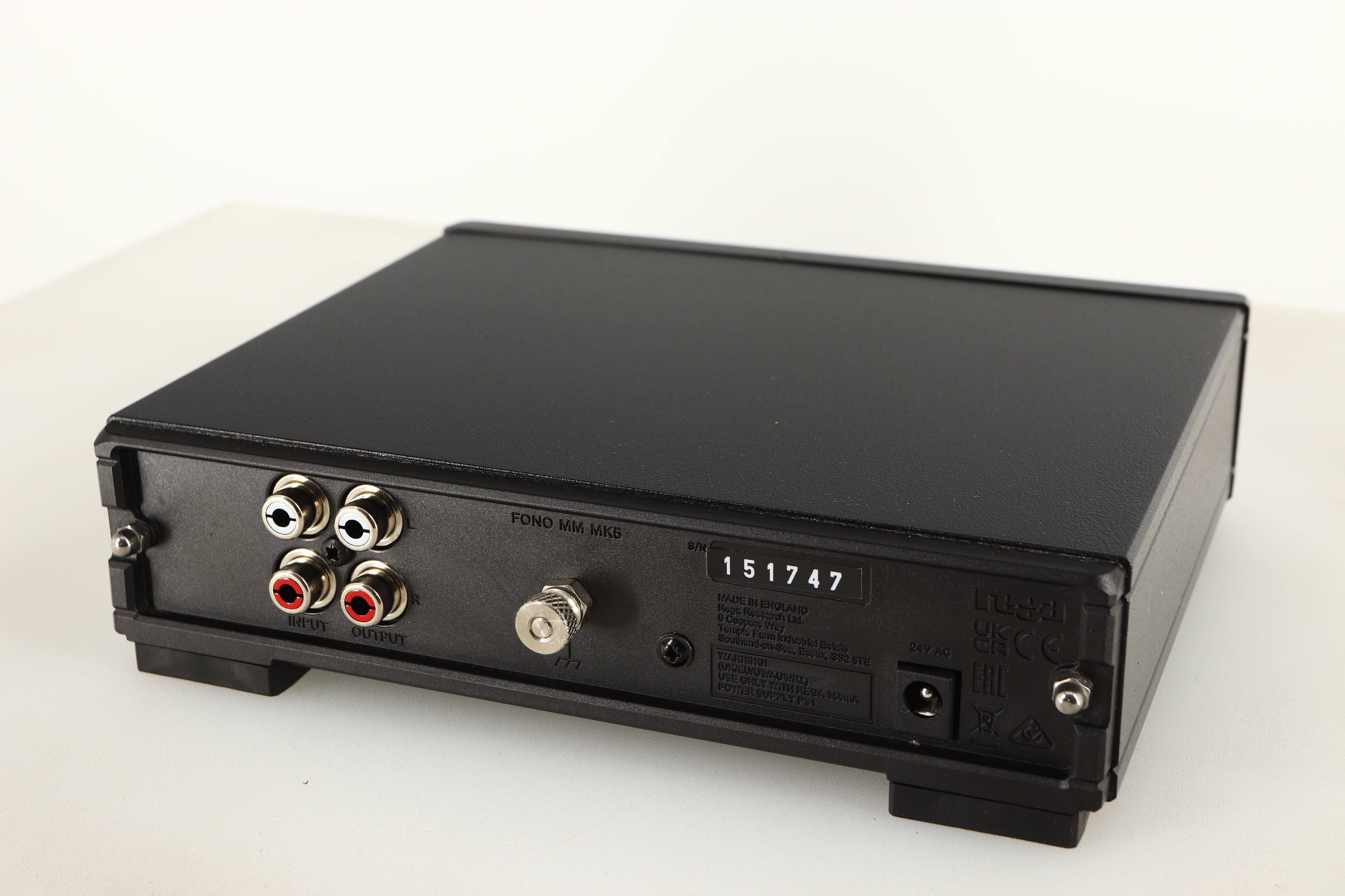 Close up of a used Rega FONO MM MK5 Phonostage in a black finish showing rear