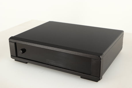 Close up of a used Rega FONO MM MK5 Phonostage in a black finish showing scratching on screen