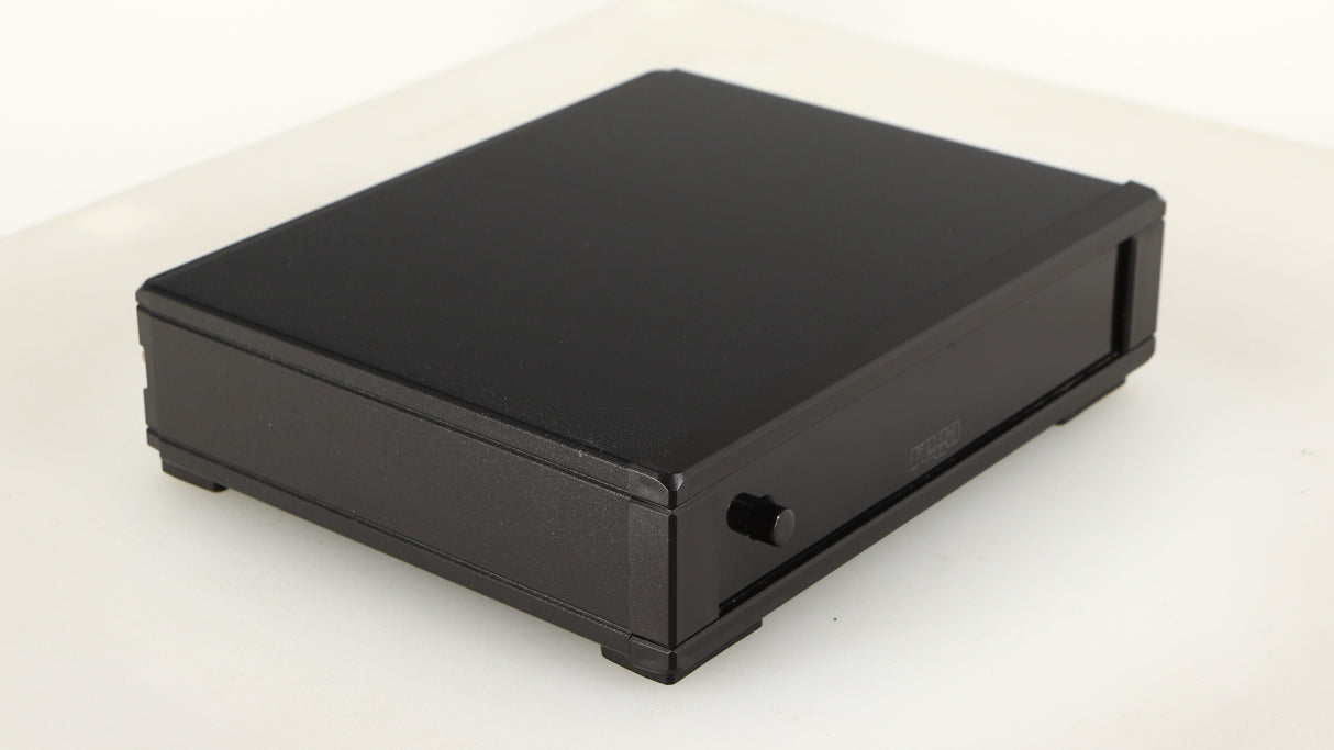 Front left corner of a used Rega FONO MM MK5 Phonostage in a black finish