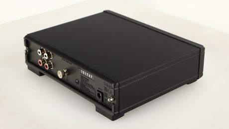 Rear left corner of a used Rega FONO MM MK5 Phonostage in a black finish