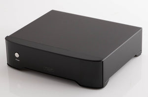 Close up of a used Rega FONO MM Phonostage in a Black finish showing screen